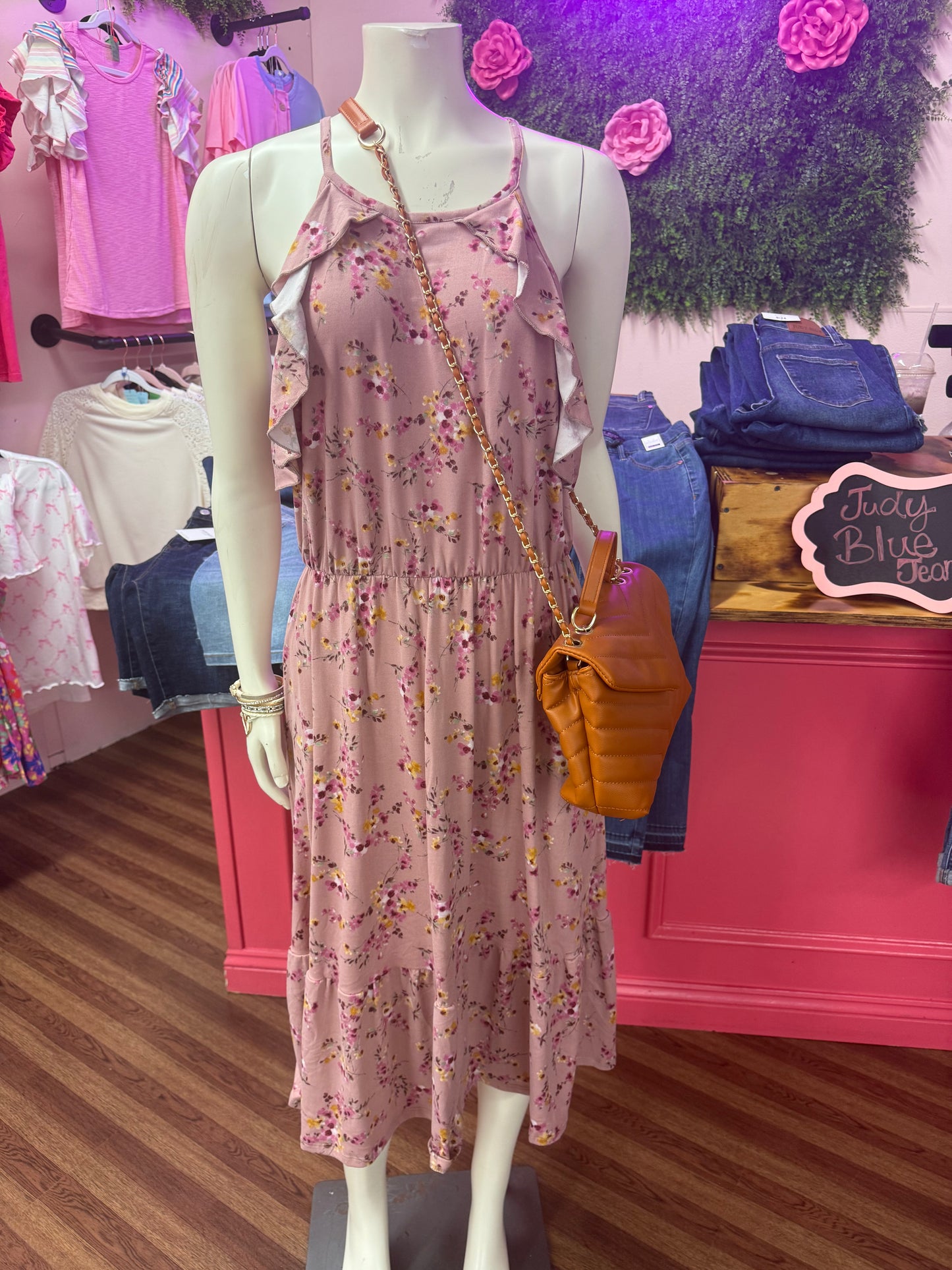 ROSE FLORAL HALTER RUFFLE HEM POCKETED MIDI DRESS