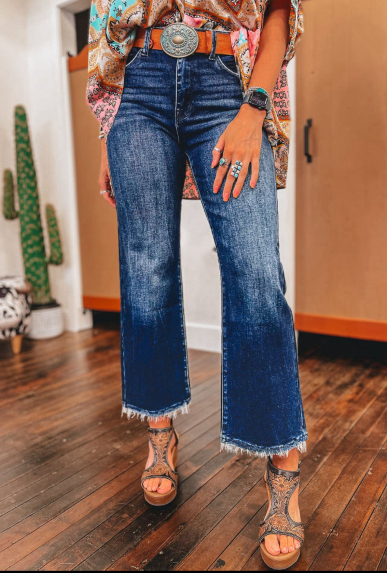 Blue mineral wash Raw Hem High Waist flared Jeans