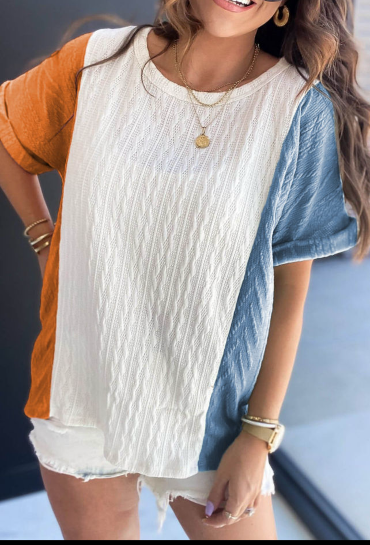 Light blue textured block loose fit T-shirt