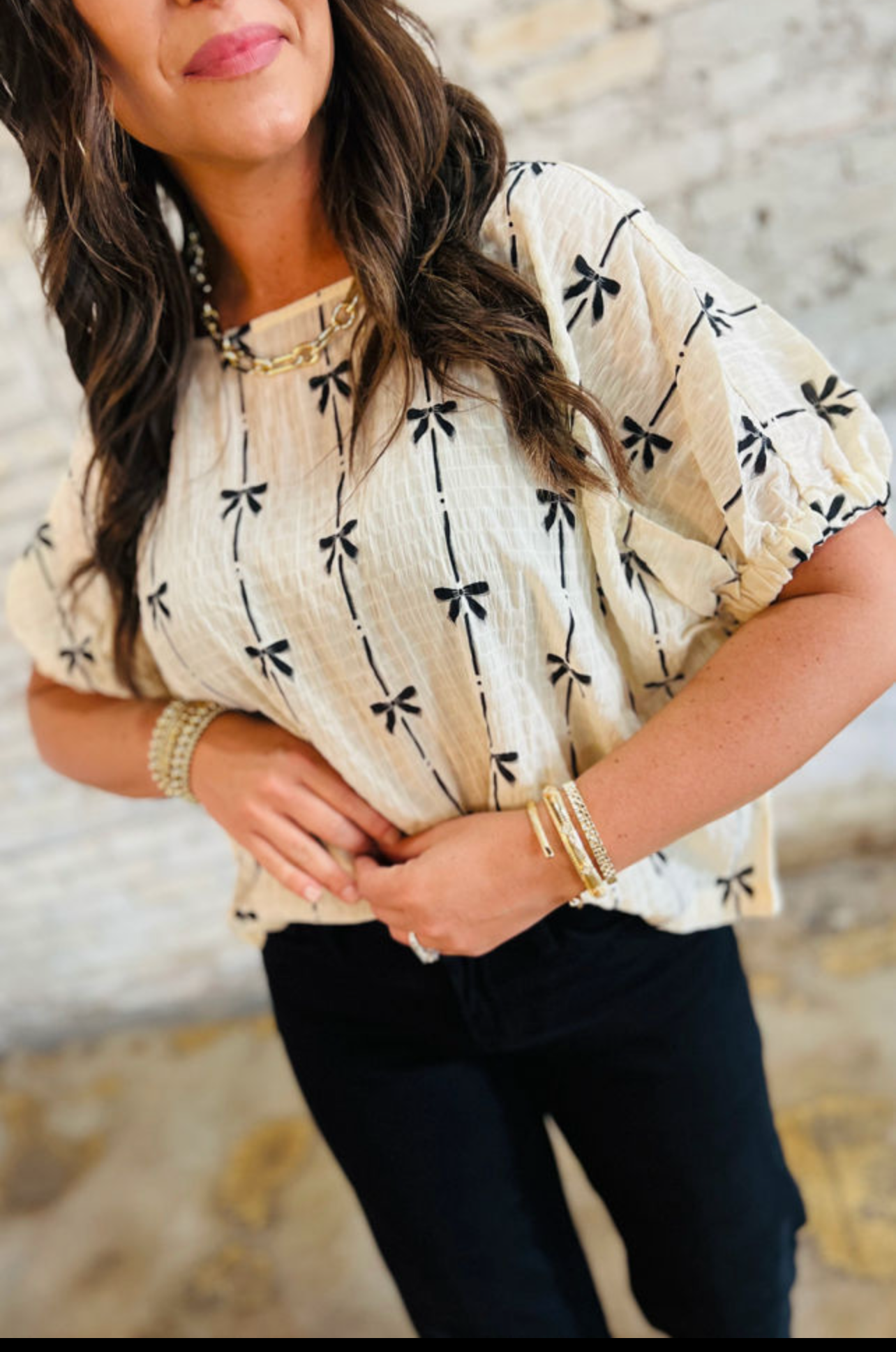 Beige Bow Print Puff Short Sleeve Shirt