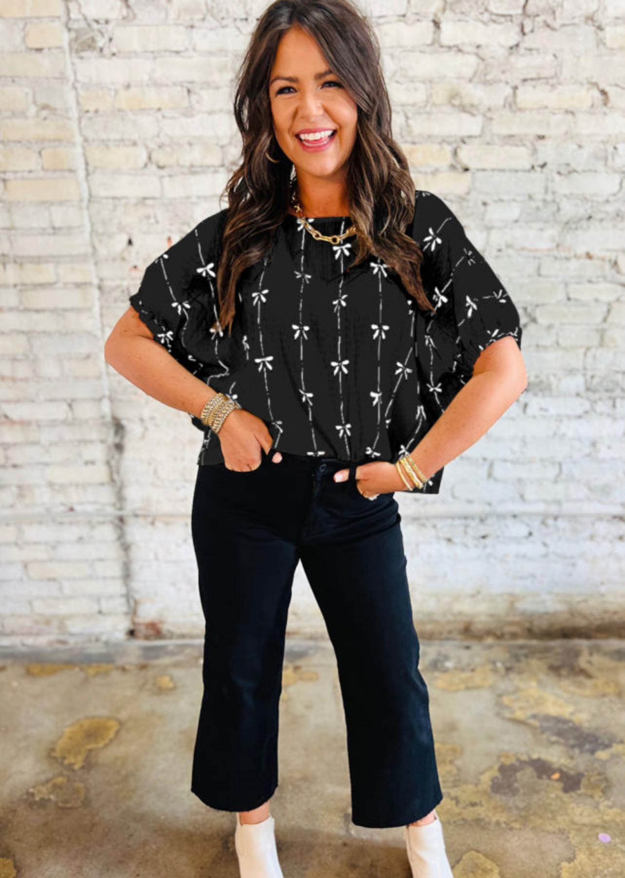 Black Bow Print Puff Short Sleeve Top