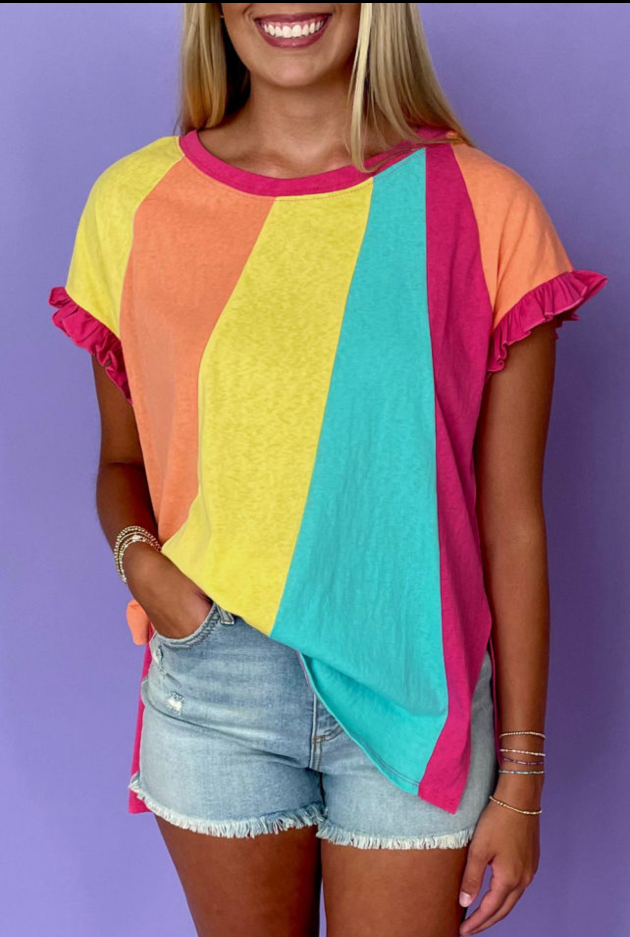 Rose Red Color Block Ruffled Crew Neck Loose Fit t-shirt