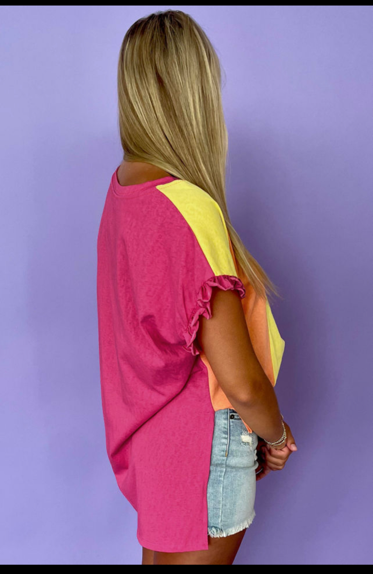 Rose Red Color Block Ruffled Crew Neck Loose Fit t-shirt