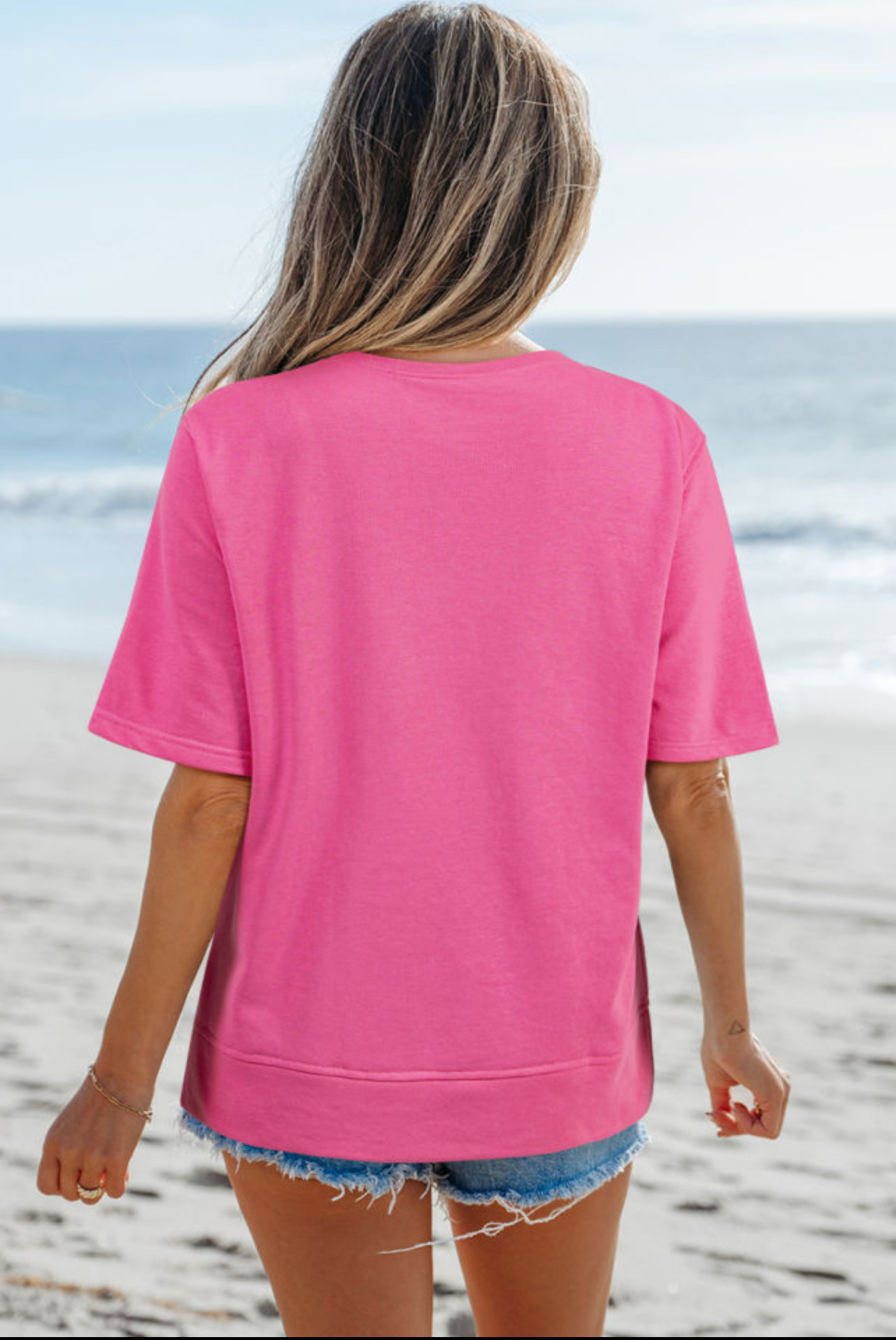 Strawberry Pink Contrasting Color Ribbon Bow Front Patch Loose Tee with Slits
