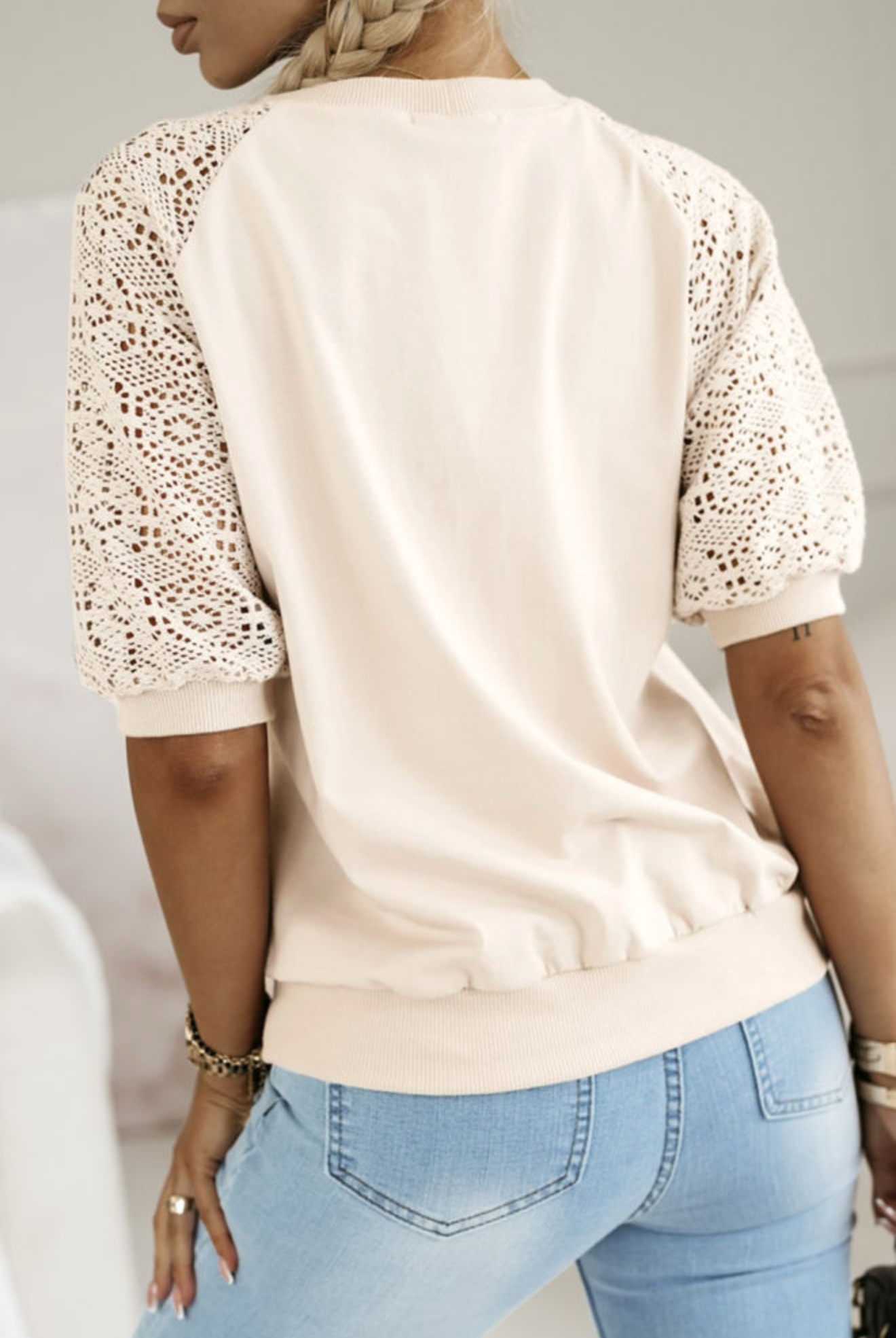 Lace Crochet Short Sleeve Round Neck T-Shirt