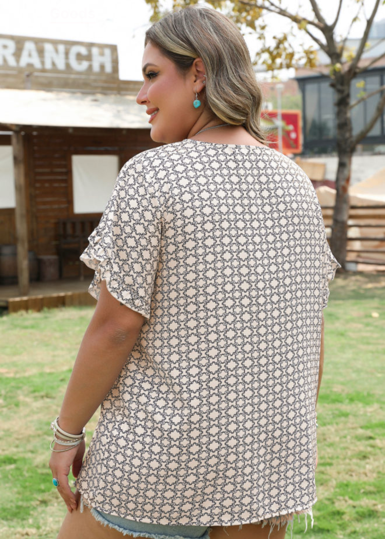 Khaki Plus Size Geometric Print Ruffled Sleeve Blouse