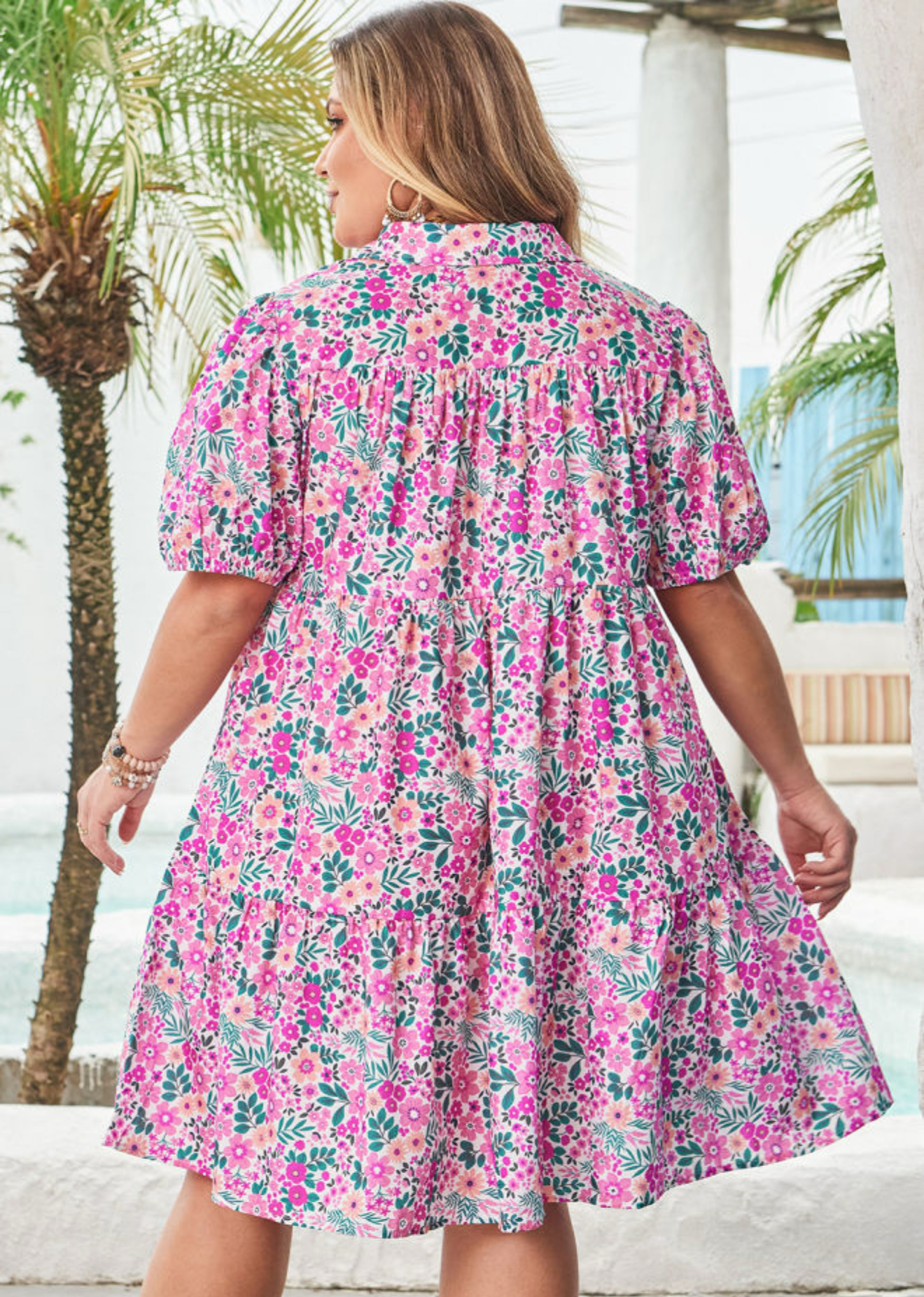 Pink Plus Size Floral Half Button Short Puff Sleeve Dress