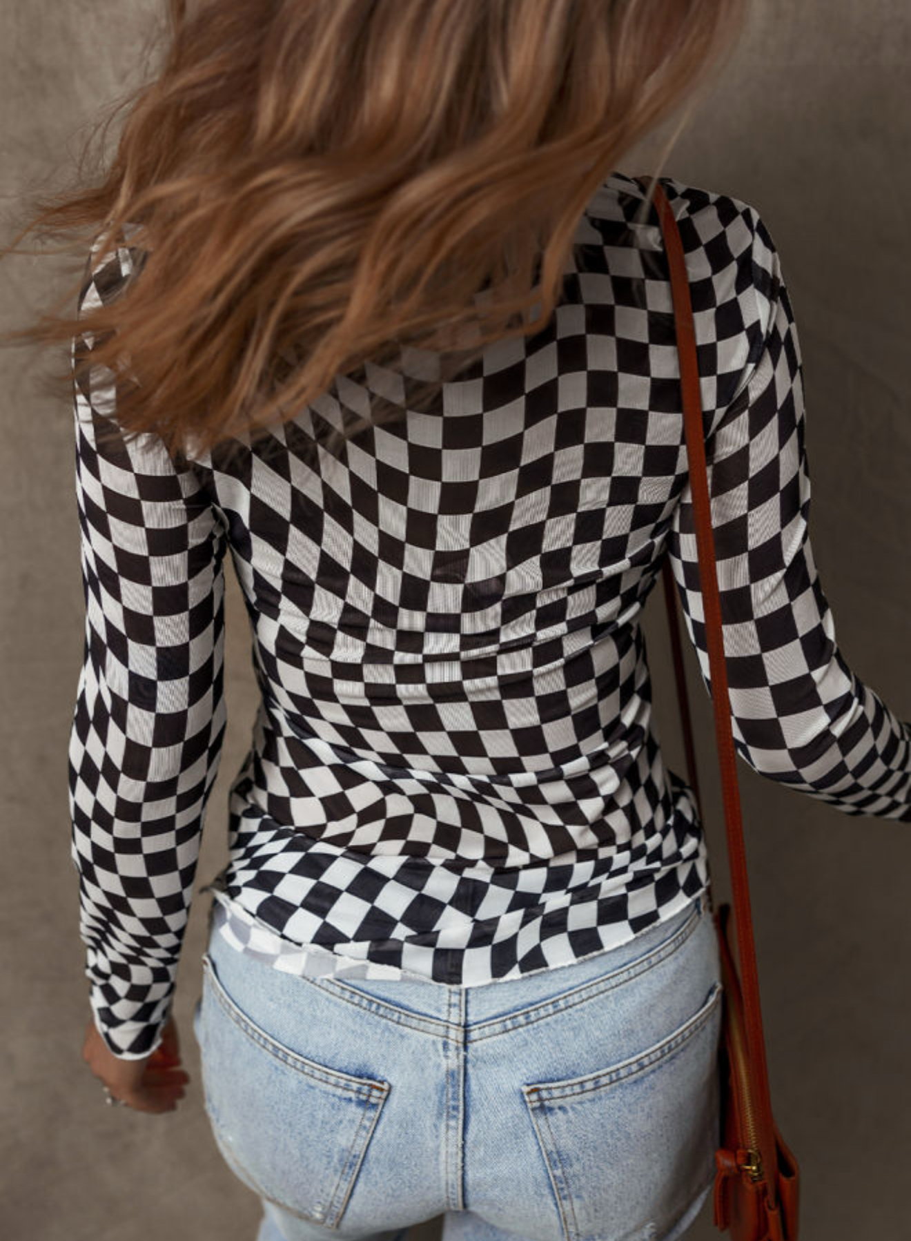 Black checkered pattern, mesh, mock neck, long sleeve