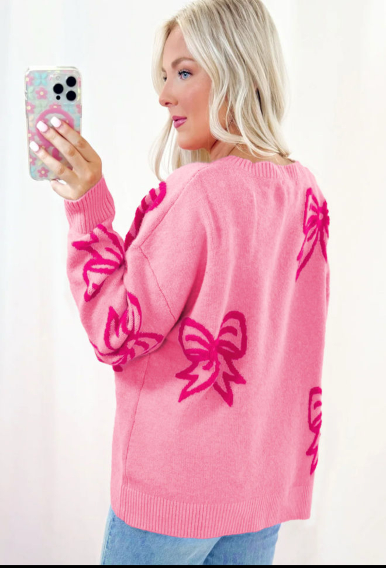 Pink Bow Pattern Drop Shoulder Loose Sweater