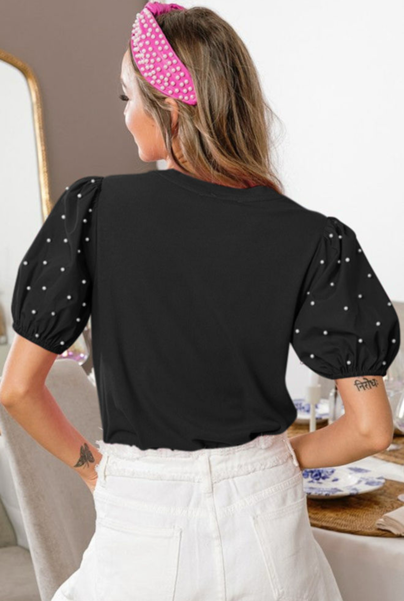 Black ribbon, pearl beaded puff sleeve top