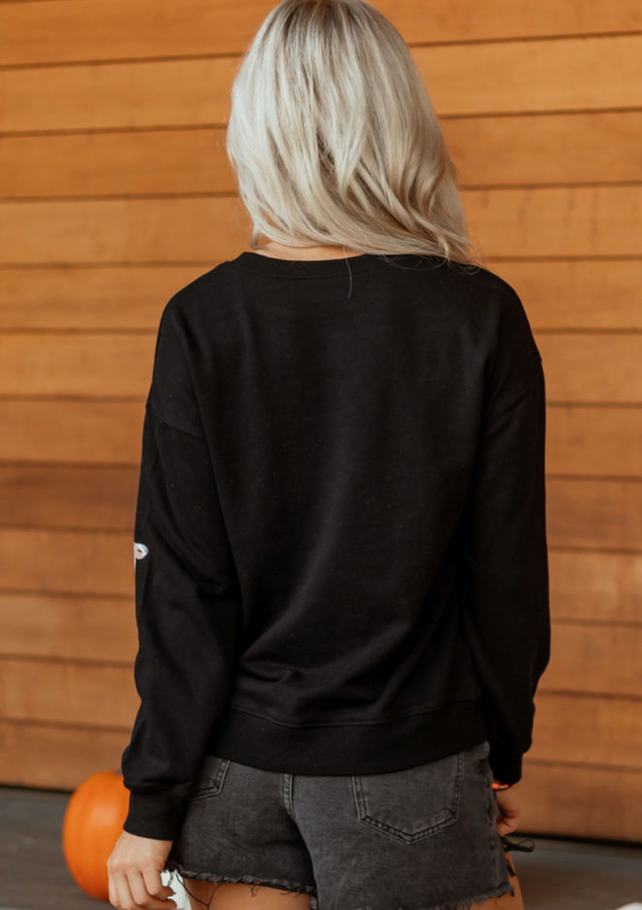 Black sequin, cute bow, ghost graphic, crewneck Halloween sweatshirt