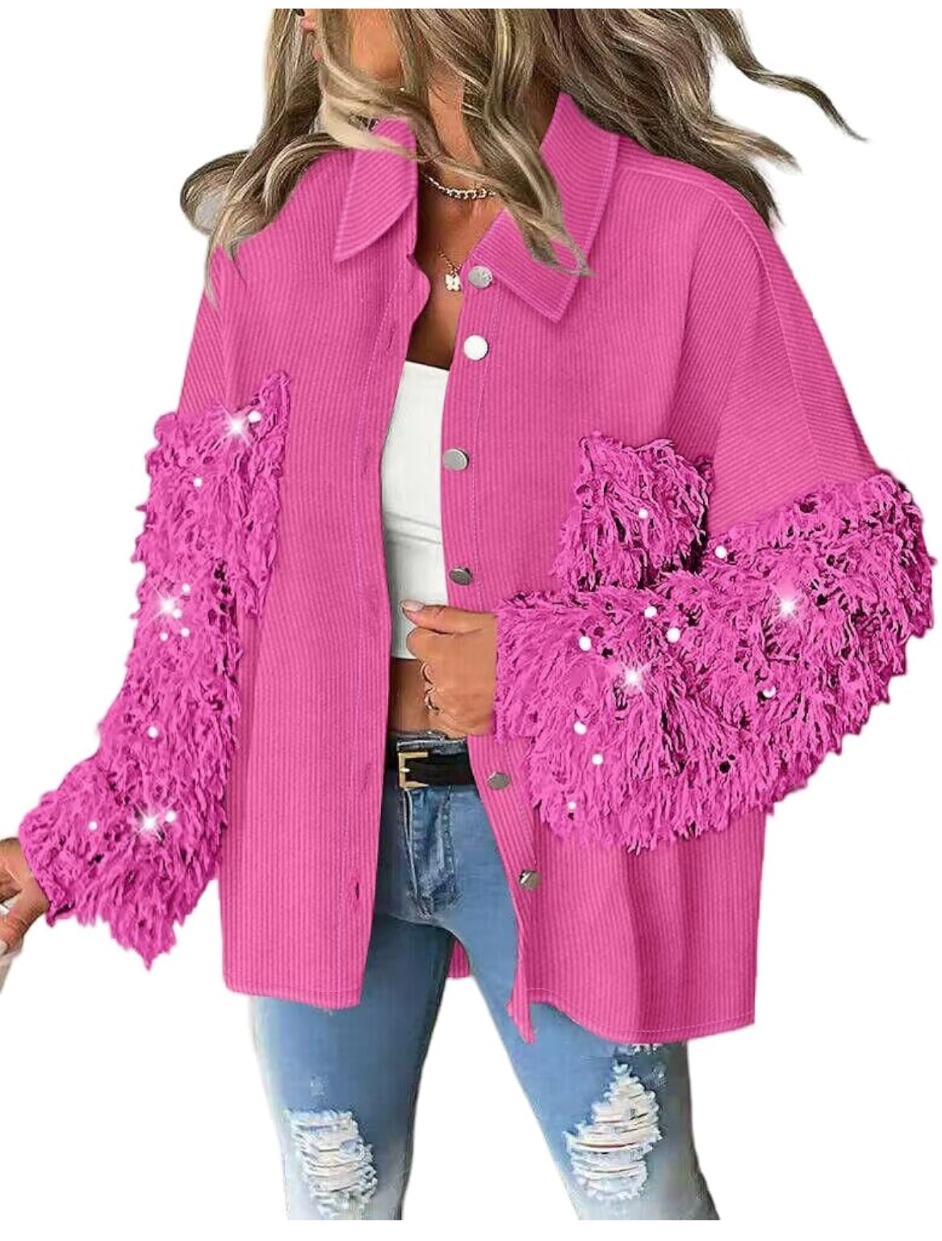 CHICME Women's Casual Oversized Button Down Denim Shirt Jacket Long Sleeve Shacket with Fringe