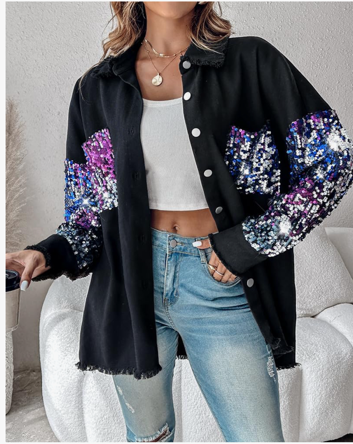 CHICME Womens Denim Jacket Sequin Patchwork Long Sleeve Jacket Top Button Front Oversized Denim Shacket