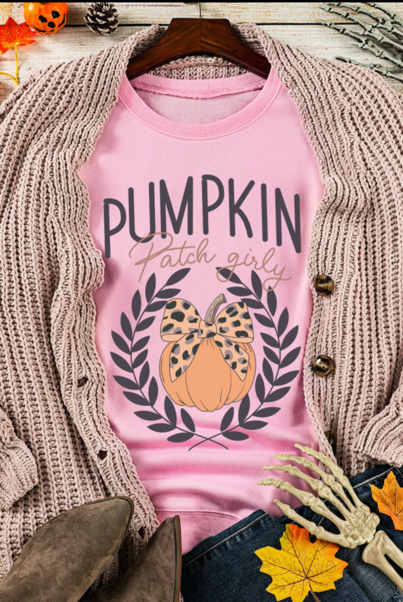 Pink Leopard Bow Pumpkin, Graphic Sweatshirt 