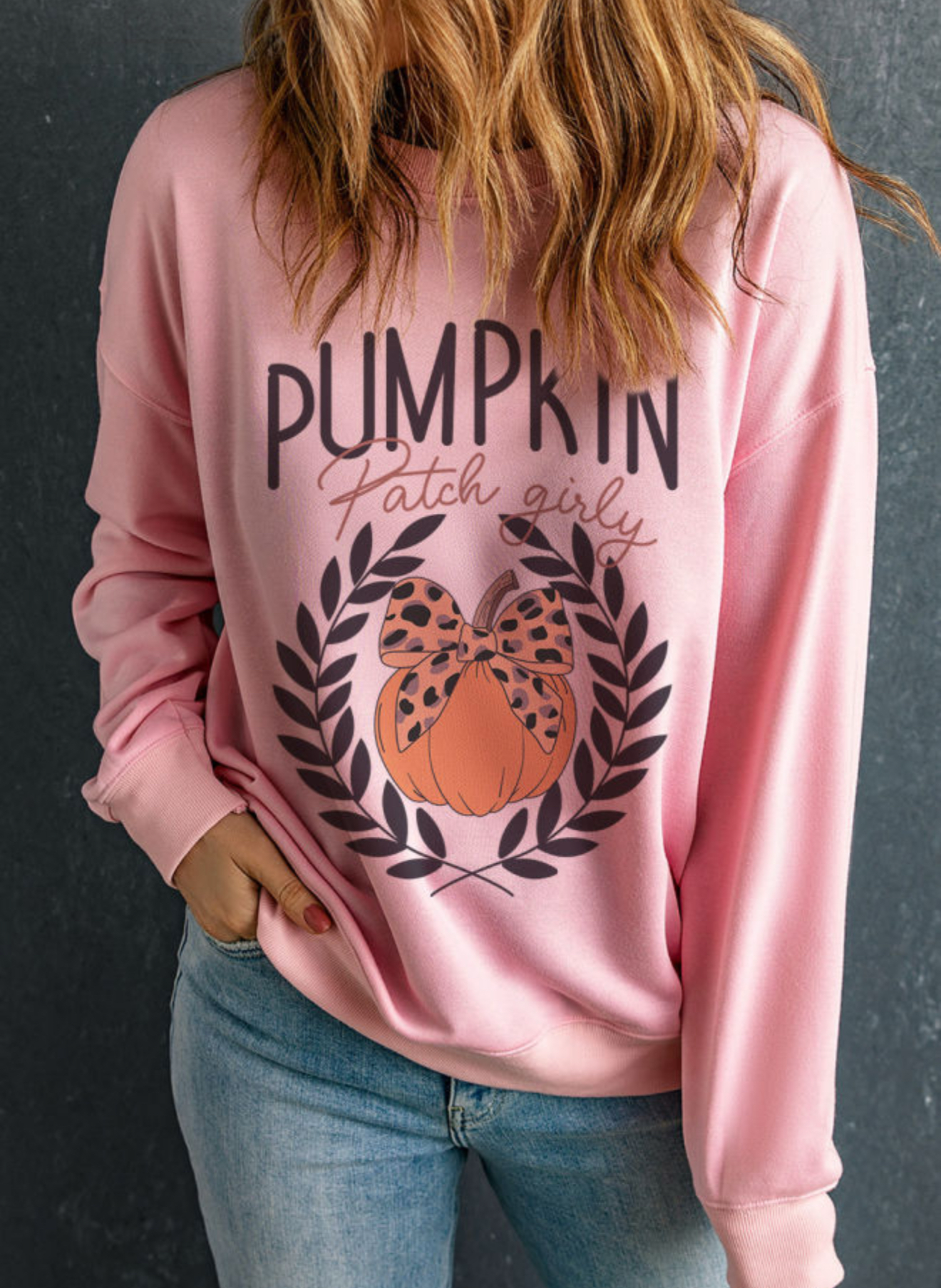 Pink Leopard Bow Pumpkin, Graphic Sweatshirt 