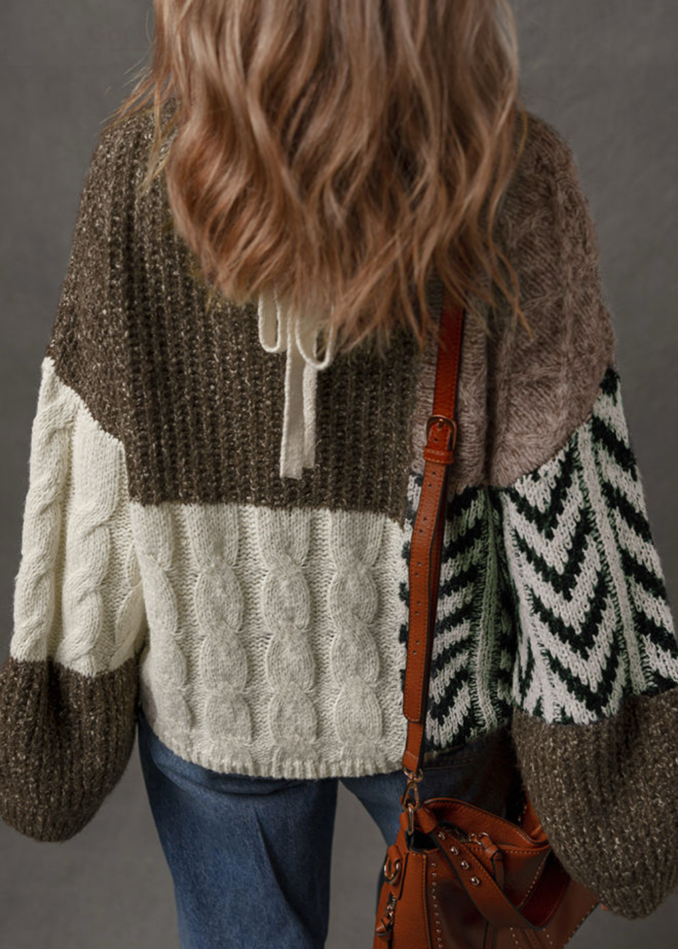 Brown Plus Size Color Block Patchwork Knotted Back Loose Fit Sweater