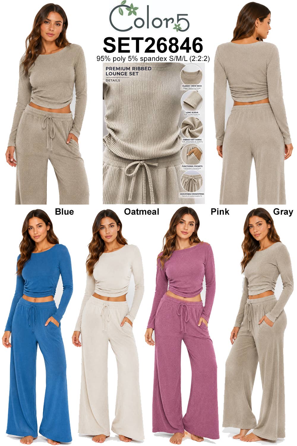 Ribbed crop long sleeve top with straight leg loungewear set: Oatmeal
