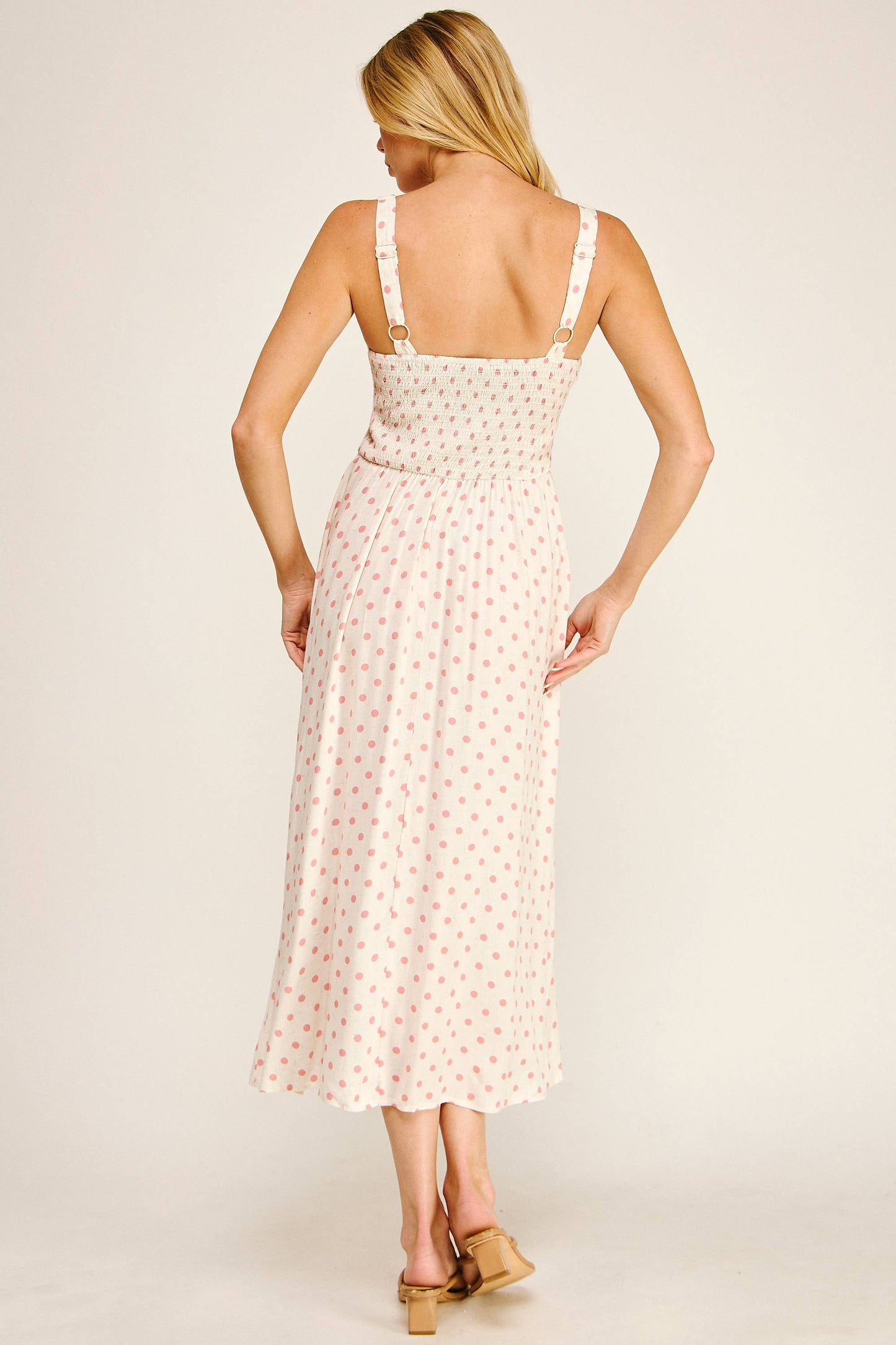 ROMANTIC POLKA DOT LINEN CHALLIS MIDI DRESS: IV/BS / XL