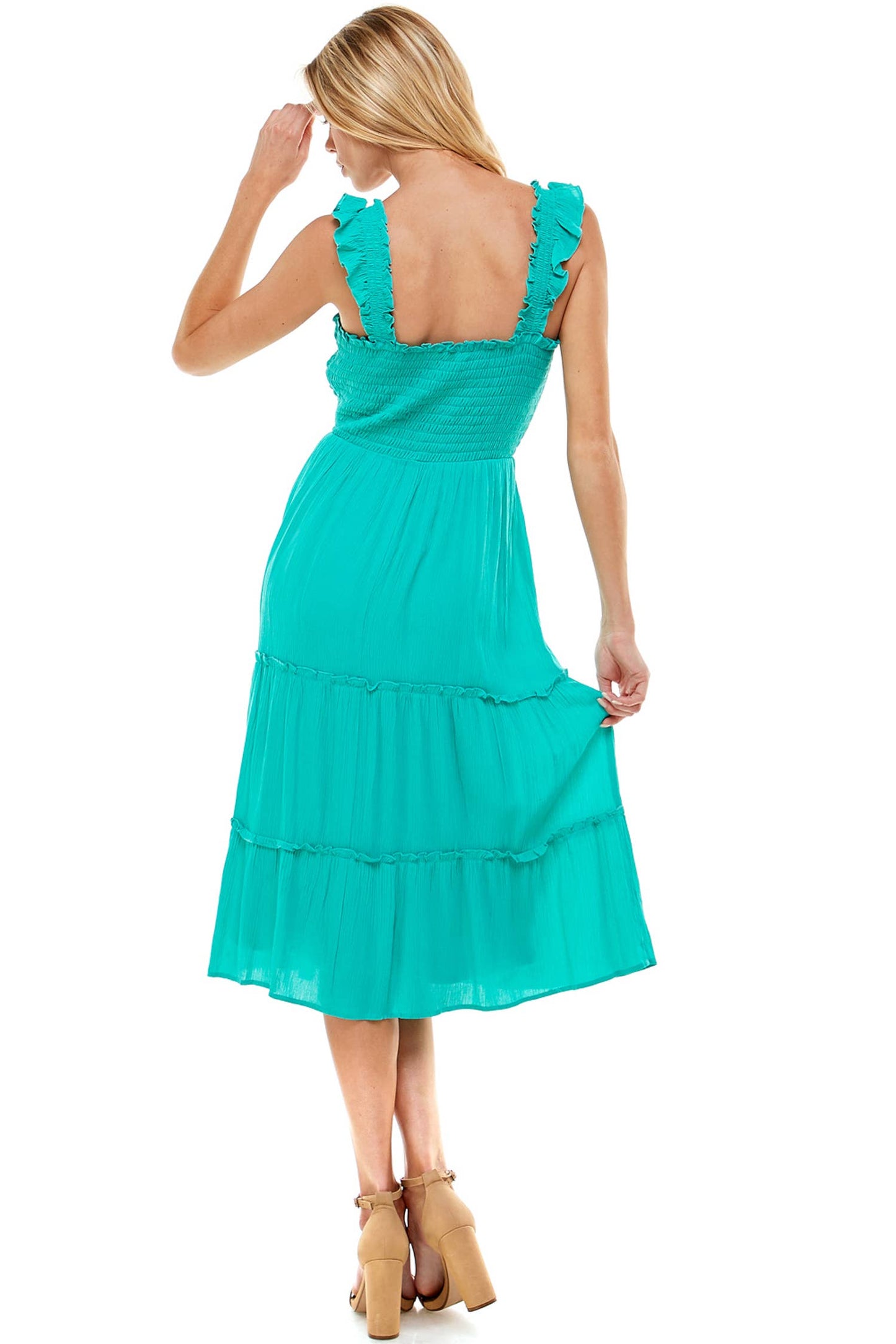 SMOCKED TOP SHIRRED RUFFLE DETAIL DRESS: SEAFOAM / L