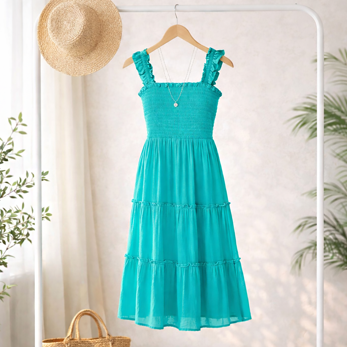 SMOCKED TOP SHIRRED RUFFLE DETAIL DRESS: SEAFOAM / XL