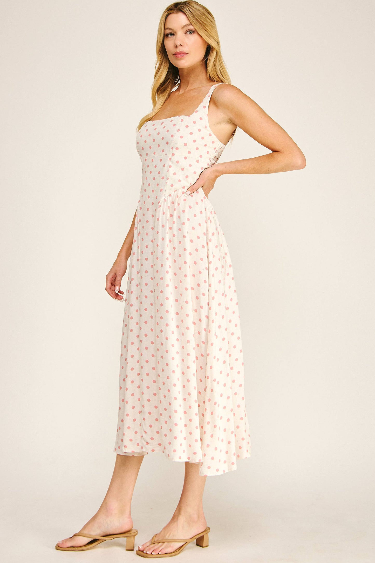 ROMANTIC POLKA DOT LINEN CHALLIS MIDI DRESS: IV/BS / S