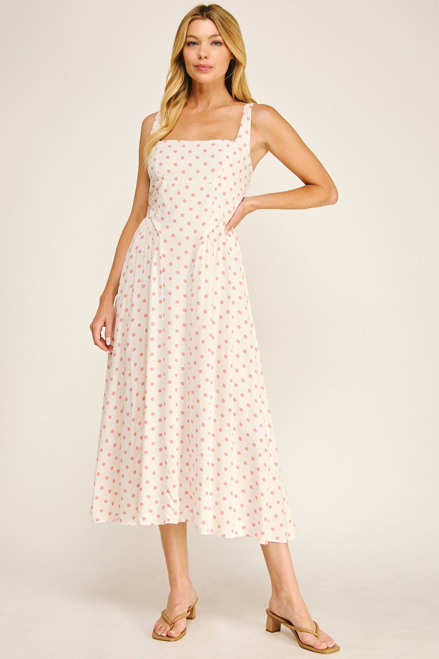 ROMANTIC POLKA DOT LINEN CHALLIS MIDI DRESS: IV/BS / XL