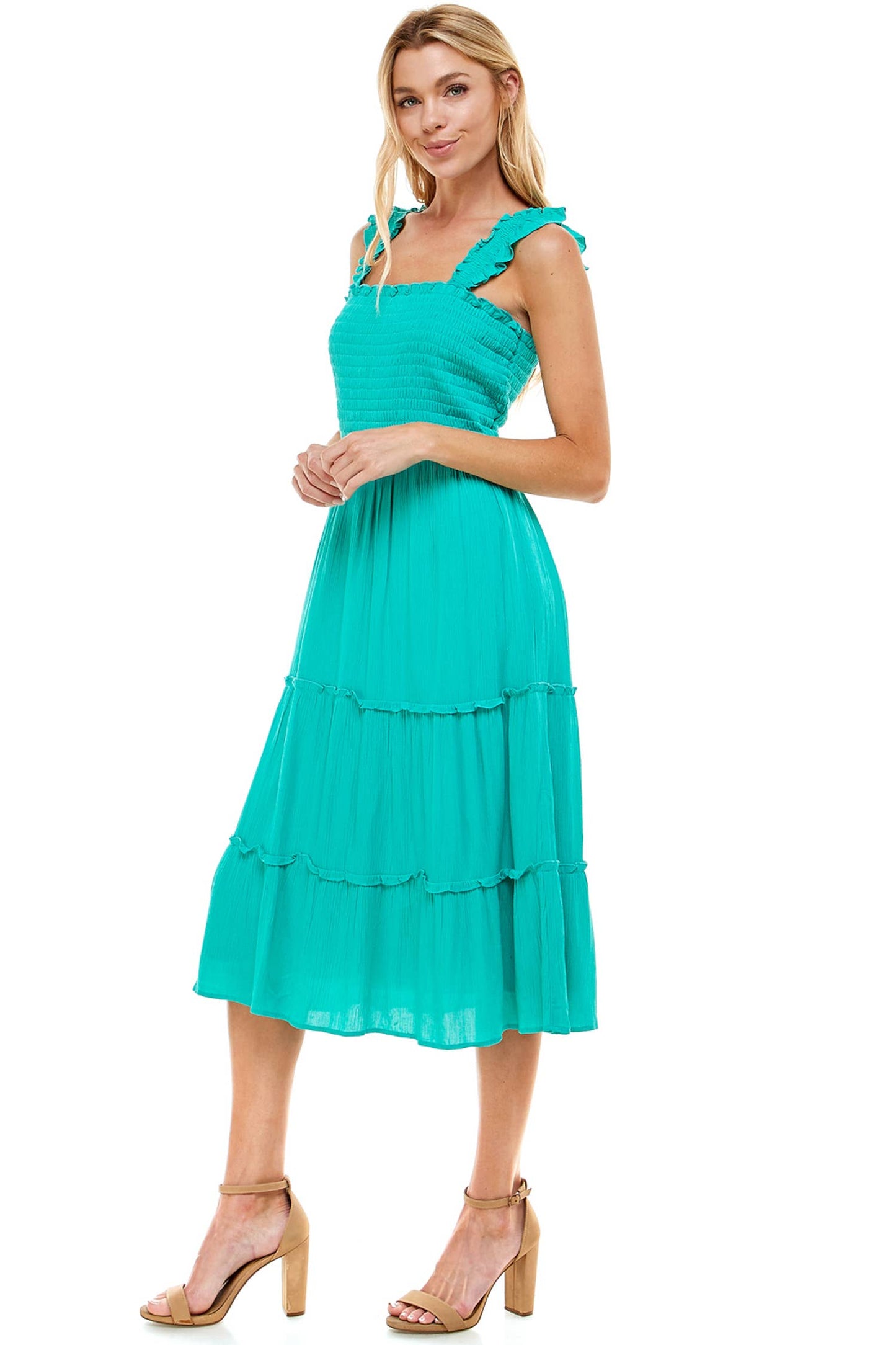 SMOCKED TOP SHIRRED RUFFLE DETAIL DRESS: SEAFOAM / S