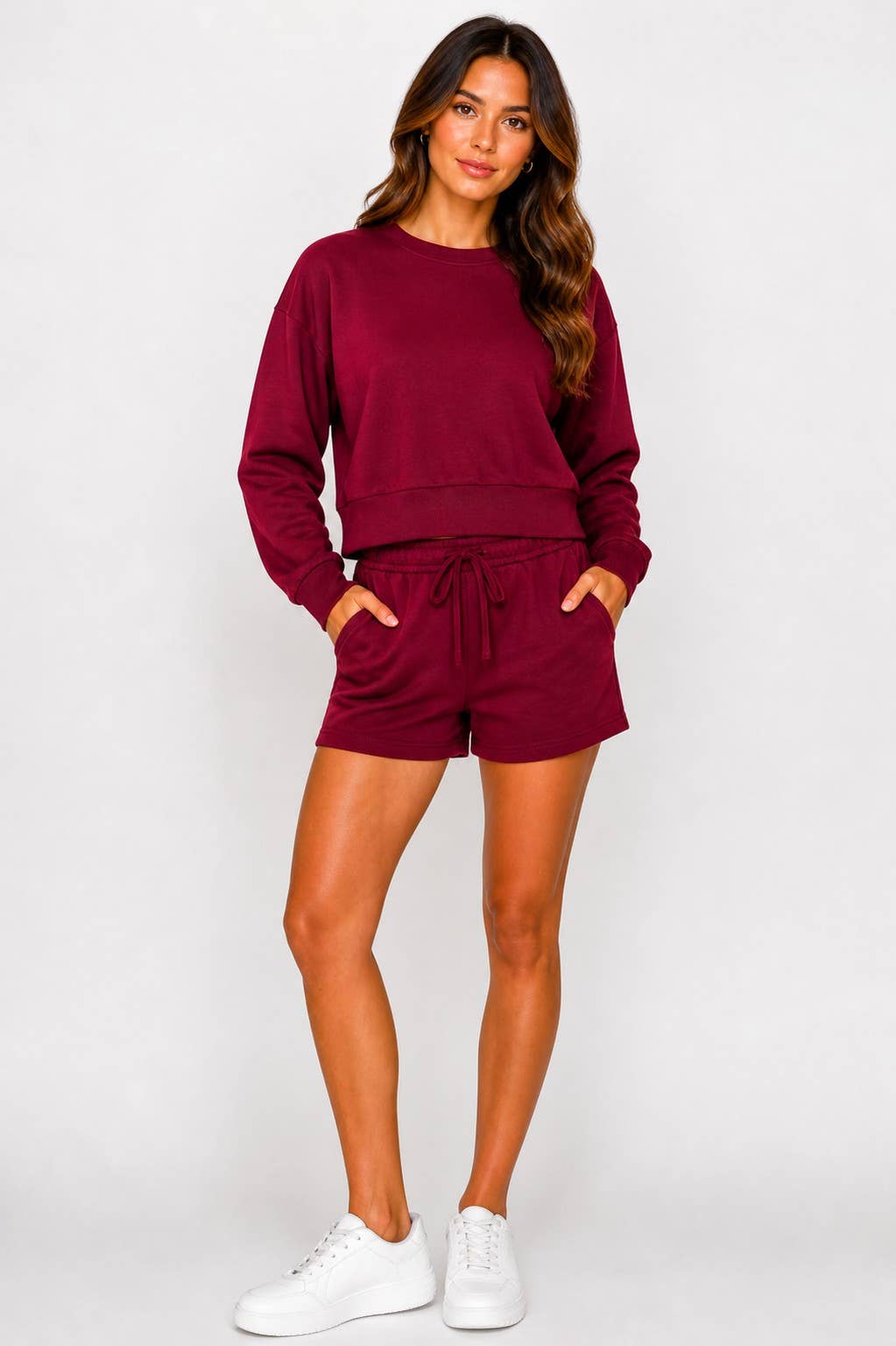 French terry sweat shirt with casual shorts loungewear set : Black