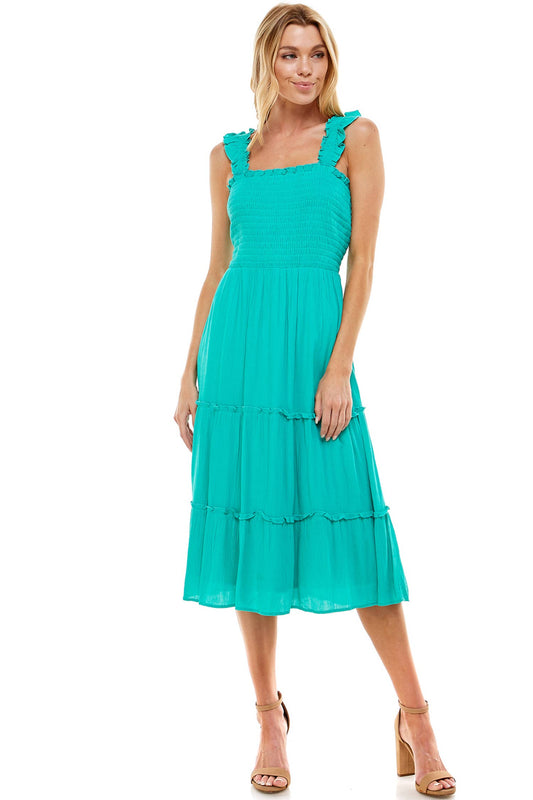 SMOCKED TOP SHIRRED RUFFLE DETAIL DRESS: SEAFOAM / M
