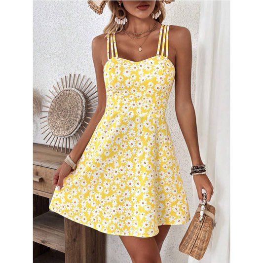 Daisy Print Spaghetti Strap Sundress: Yellow / S