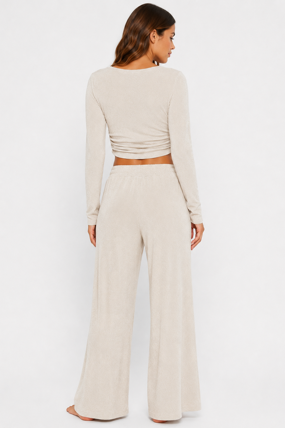 Ribbed crop long sleeve top with straight leg loungewear set: Oatmeal