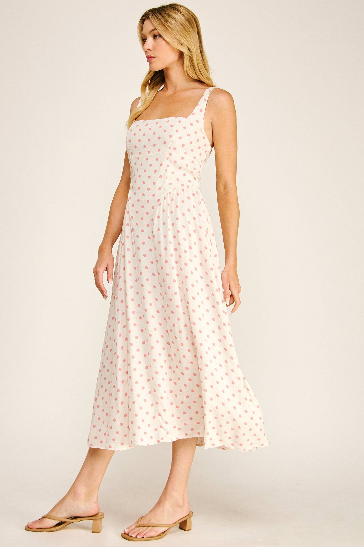 ROMANTIC POLKA DOT LINEN CHALLIS MIDI DRESS: IV/BS / XL