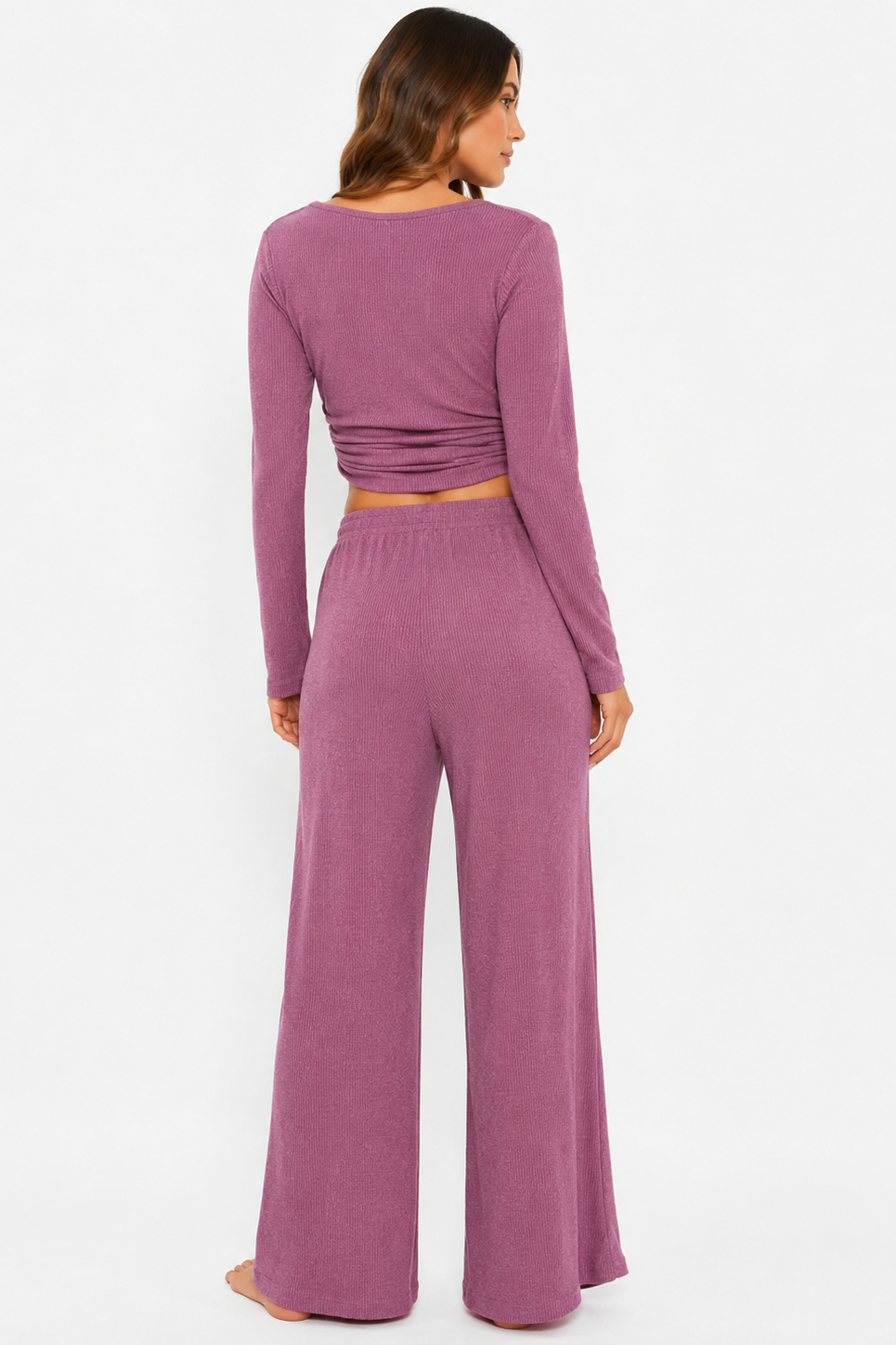 Ribbed crop long sleeve top with straight leg loungewear set: Oatmeal