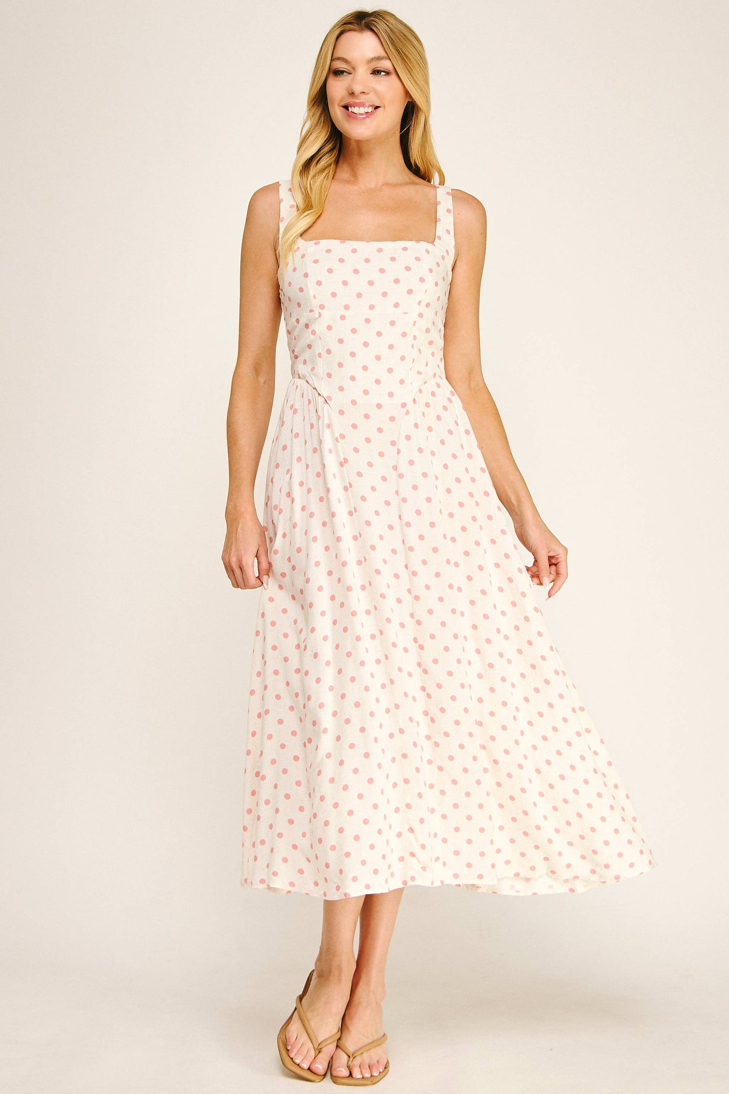 ROMANTIC POLKA DOT LINEN CHALLIS MIDI DRESS: IV/BS / XL