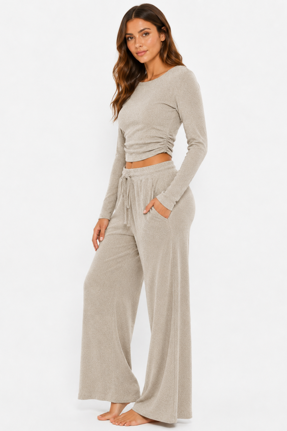 Ribbed crop long sleeve top with straight leg loungewear set: Oatmeal