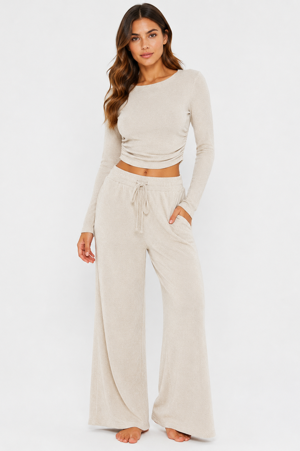 Ribbed crop long sleeve top with straight leg loungewear set: Oatmeal