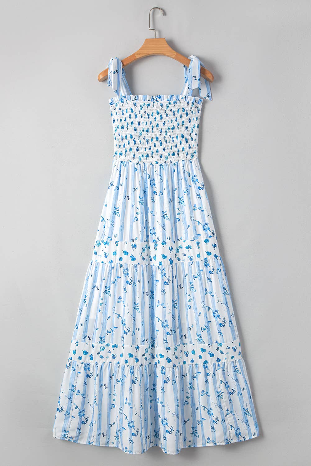 Floral Smocked Tied Straps A-Lined Tiered Maxi Dress

: Blue