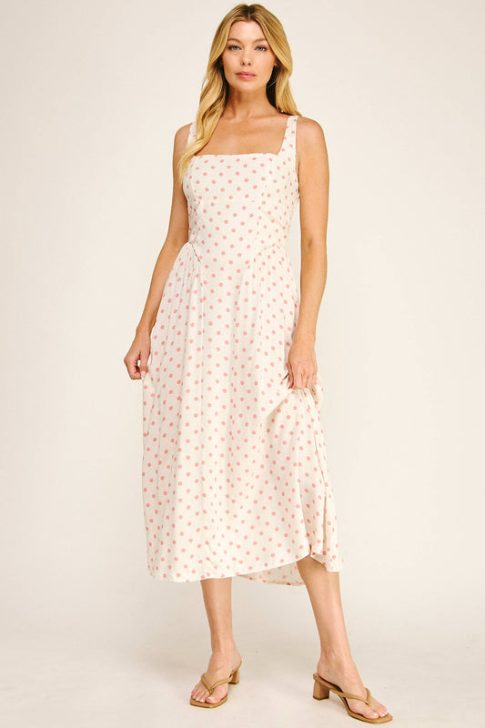 ROMANTIC POLKA DOT LINEN CHALLIS MIDI DRESS: IV/BS / M