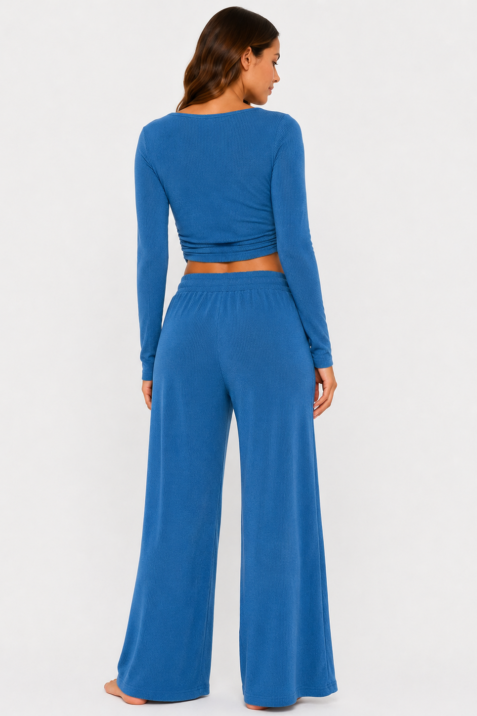 Ribbed crop long sleeve top with straight leg loungewear set: Oatmeal