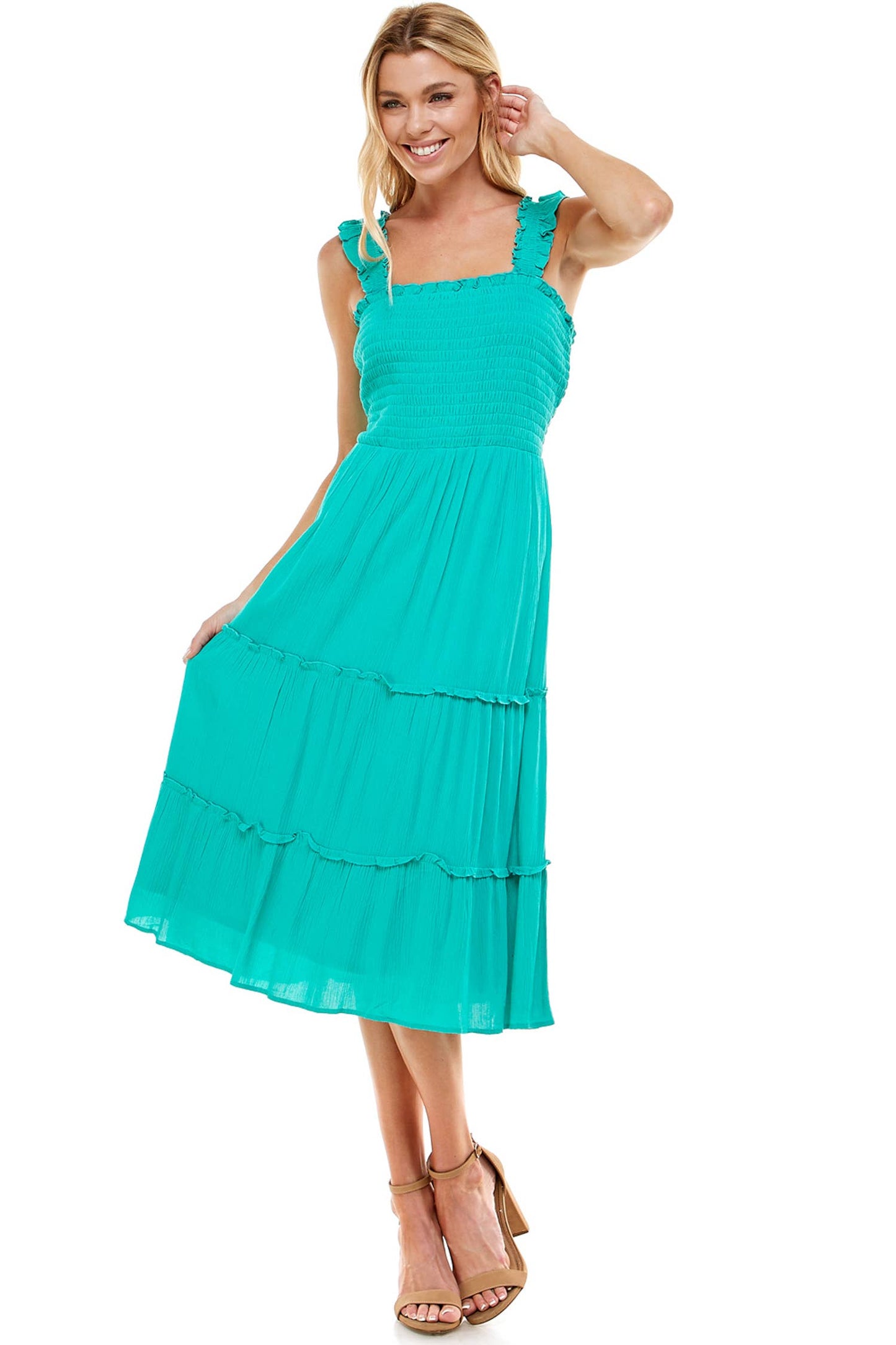 SMOCKED TOP SHIRRED RUFFLE DETAIL DRESS: SEAFOAM / M
