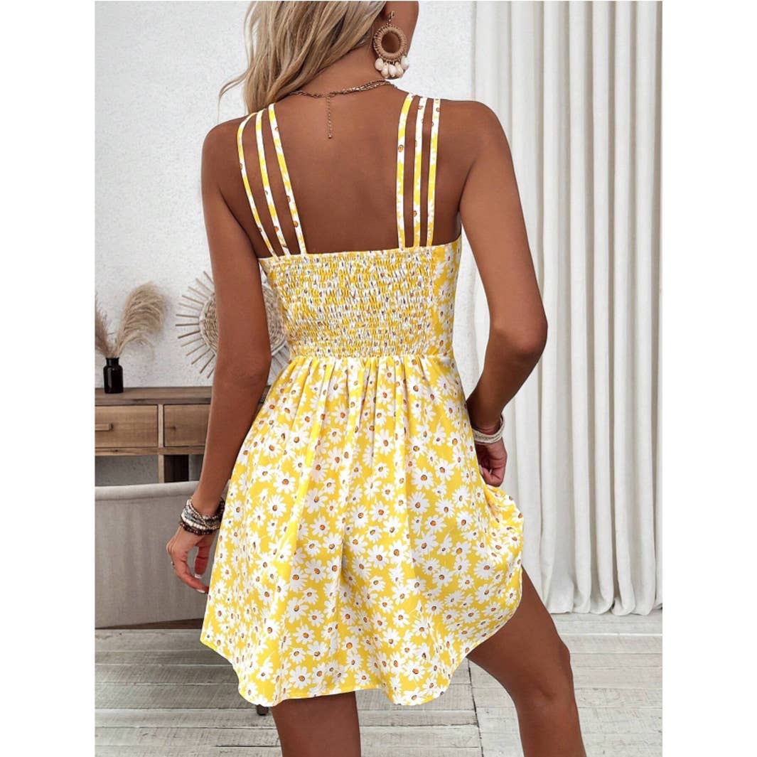 Daisy Print Spaghetti Strap Sundress: Yellow / S