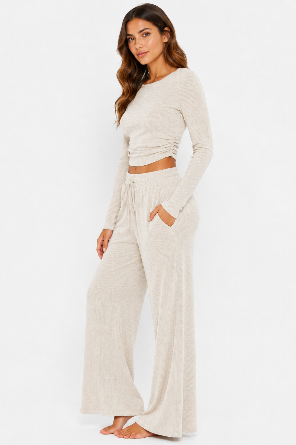 Ribbed crop long sleeve top with straight leg loungewear set: Oatmeal