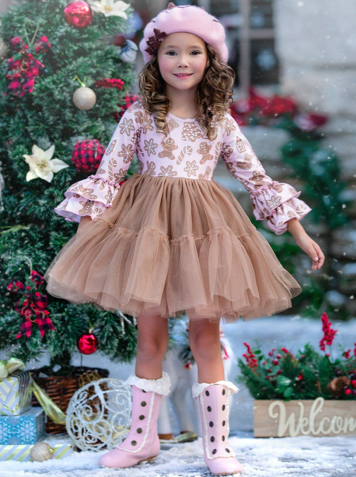 Sweet Gingerbread Friends Pink Ruffle Sleeve Tutu Dress: Beige / 6Y