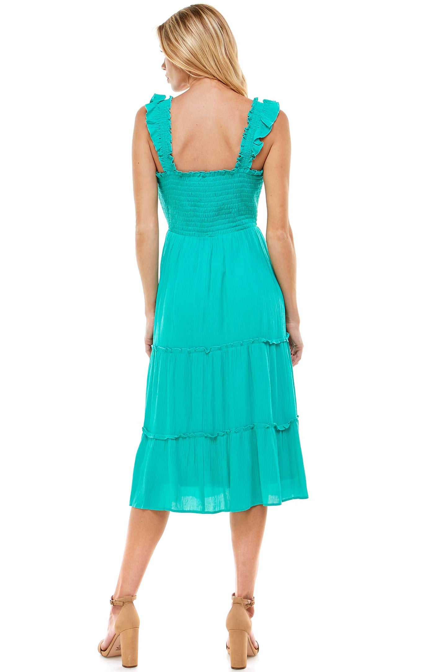 SMOCKED TOP SHIRRED RUFFLE DETAIL DRESS: SEAFOAM / L