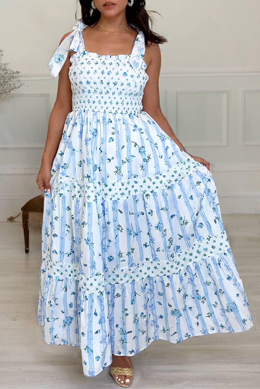 Floral Smocked Tied Straps A-Lined Tiered Maxi Dress

: Blue