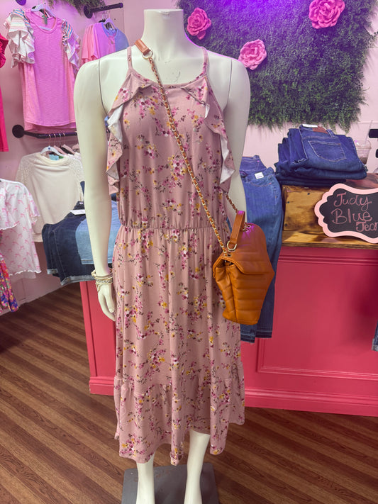 ROSE FLORAL HALTER RUFFLE HEM POCKETED MIDI DRESS