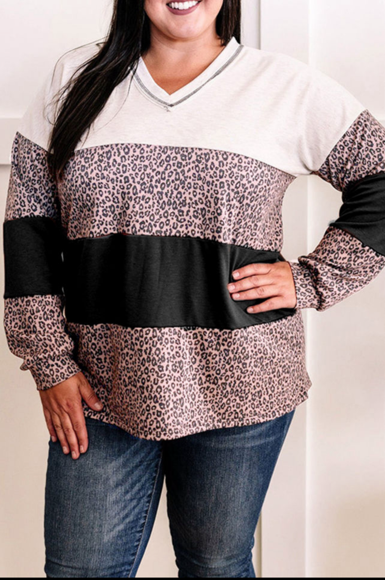 Black leopard print V-neck long sleeve plus size top