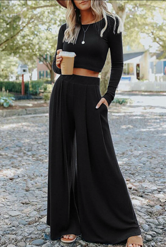 Black Ribbed Crop top wide leg pants set