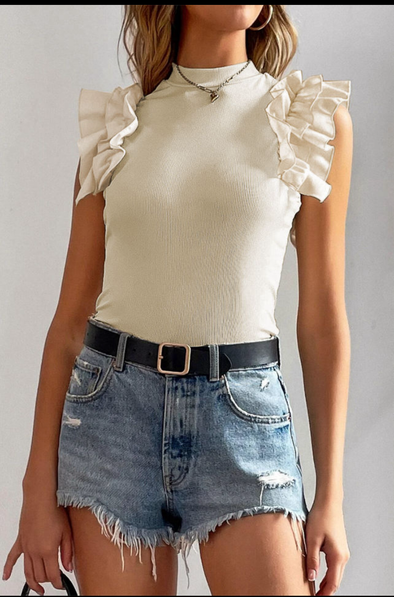 Beige Ruffle Flutter Sleeve High Neck Ribbed Blouse