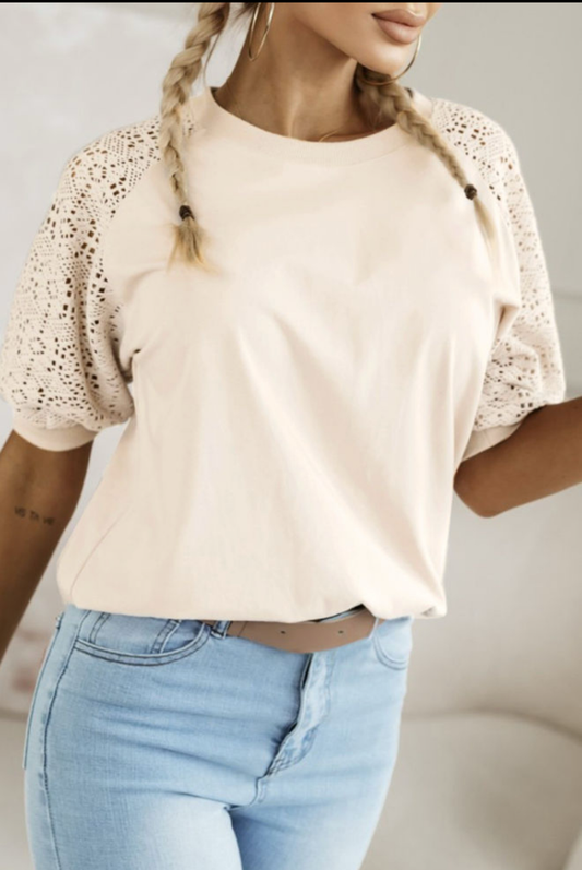 Lace Crochet Short Sleeve Round Neck T-Shirt